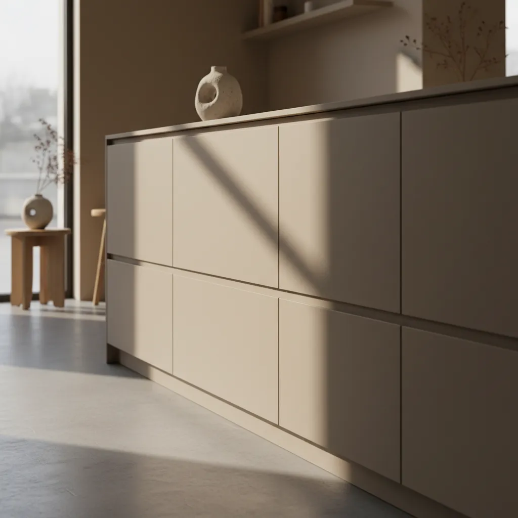 Handleless Minimalist Cabinets Matte beige handleless cabinets in a Japandi interior