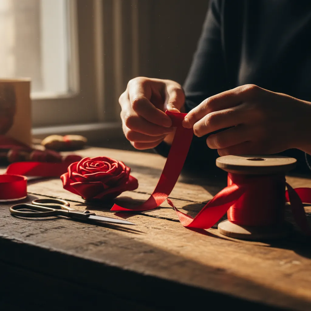 Handmade Satin Ribbon Roses Crafting Process Hands crafting red satin ribbon roses for a Hot Wheels bouquet on a wooden table