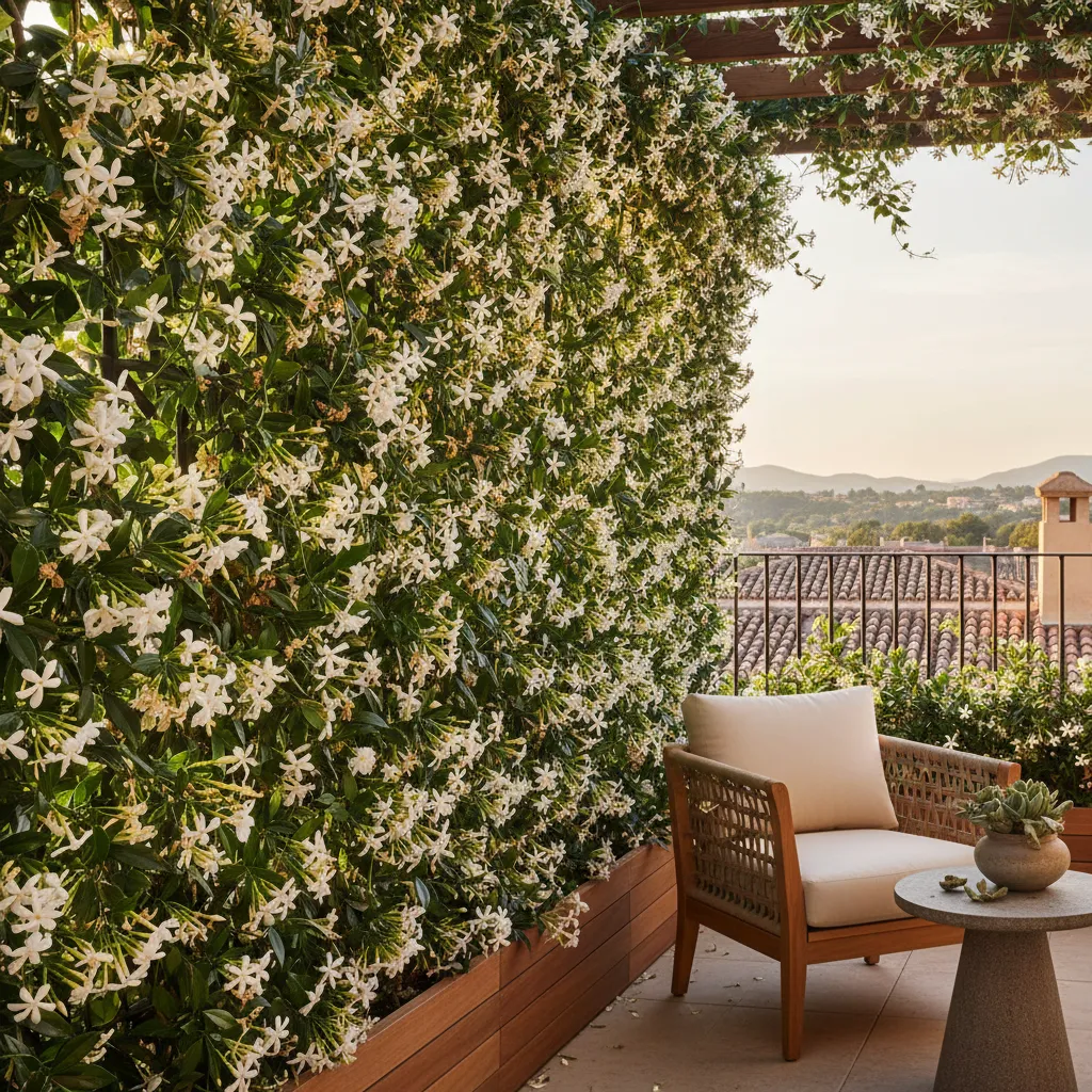 Star jasmine vine blooming on a balcony vertical garden
