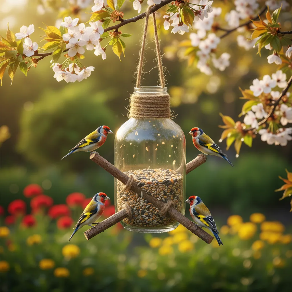 A sophisticated homemade hanging bird feeder made from an upcycled bottle with wooden perches and songbirds in a sunny garden.