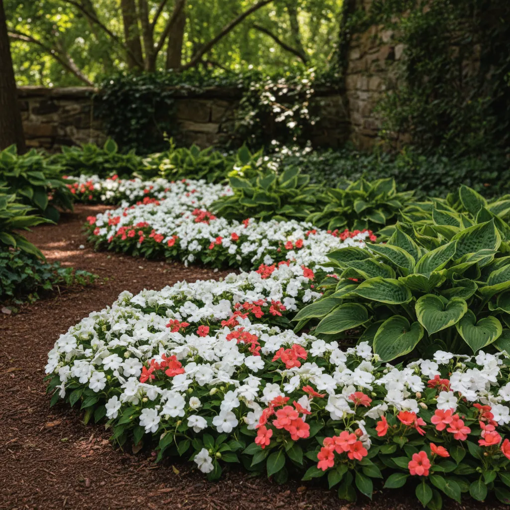 Impatiens Flower Border Layout Curved border of white and coral impatiens flowers