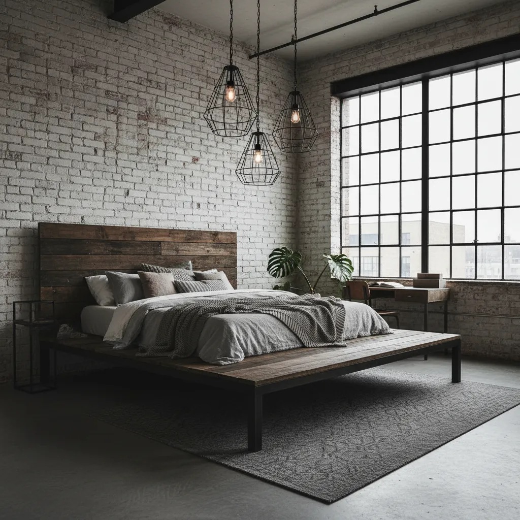 Industrial Loft Platform Bed Design Industrial loft bedroom with elevated wood platform bed and exposed brick walls