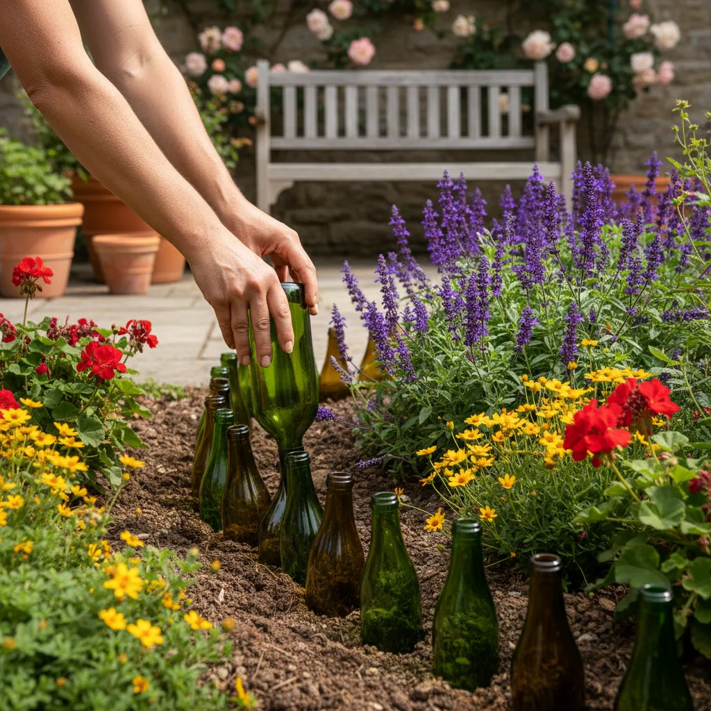 Installing Bottle Garden Borders Hand placing a wine bottle into the ground for garden edging