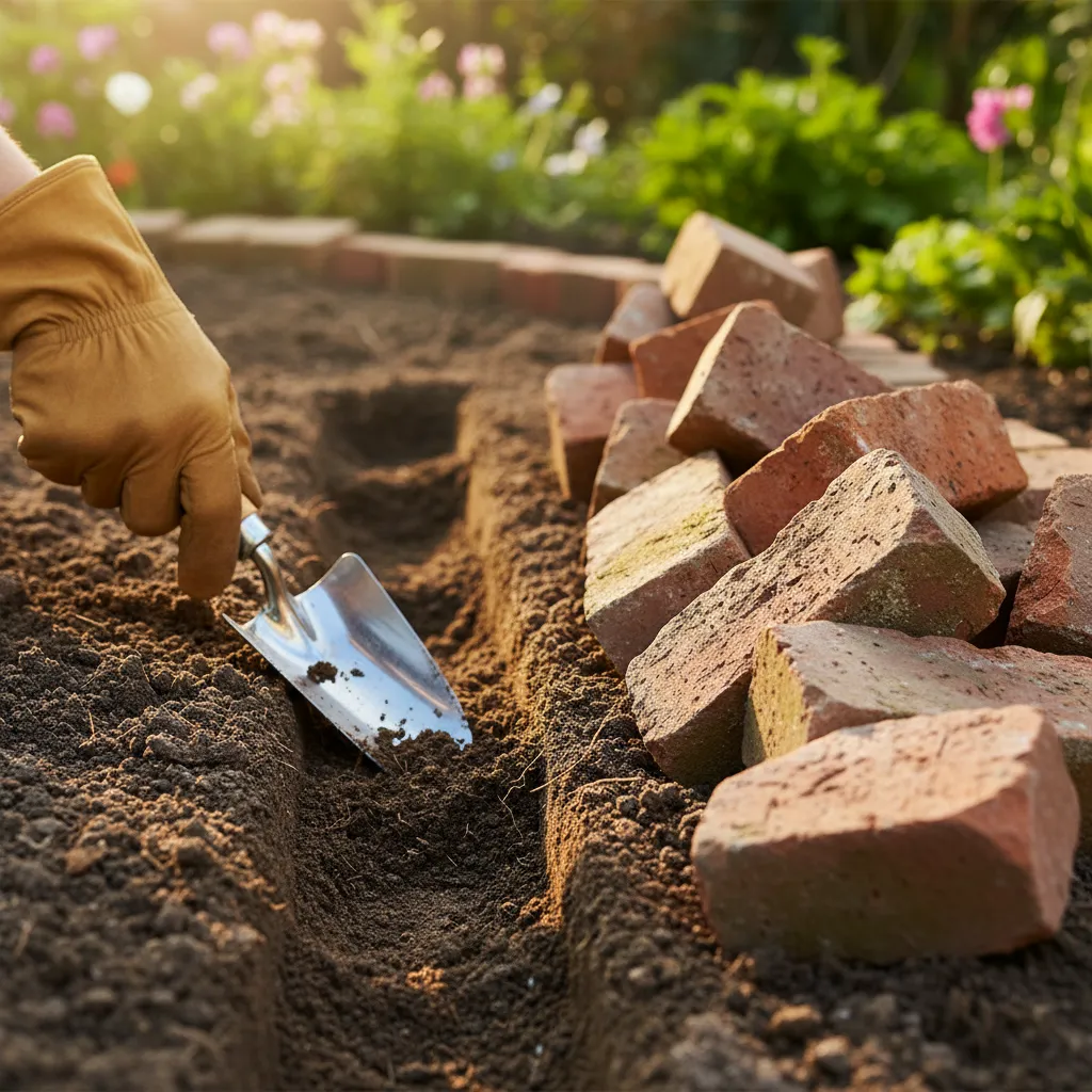 Installing Brick Trench Edging Close up of a garden trench being prepared for brick edging in dark soil.