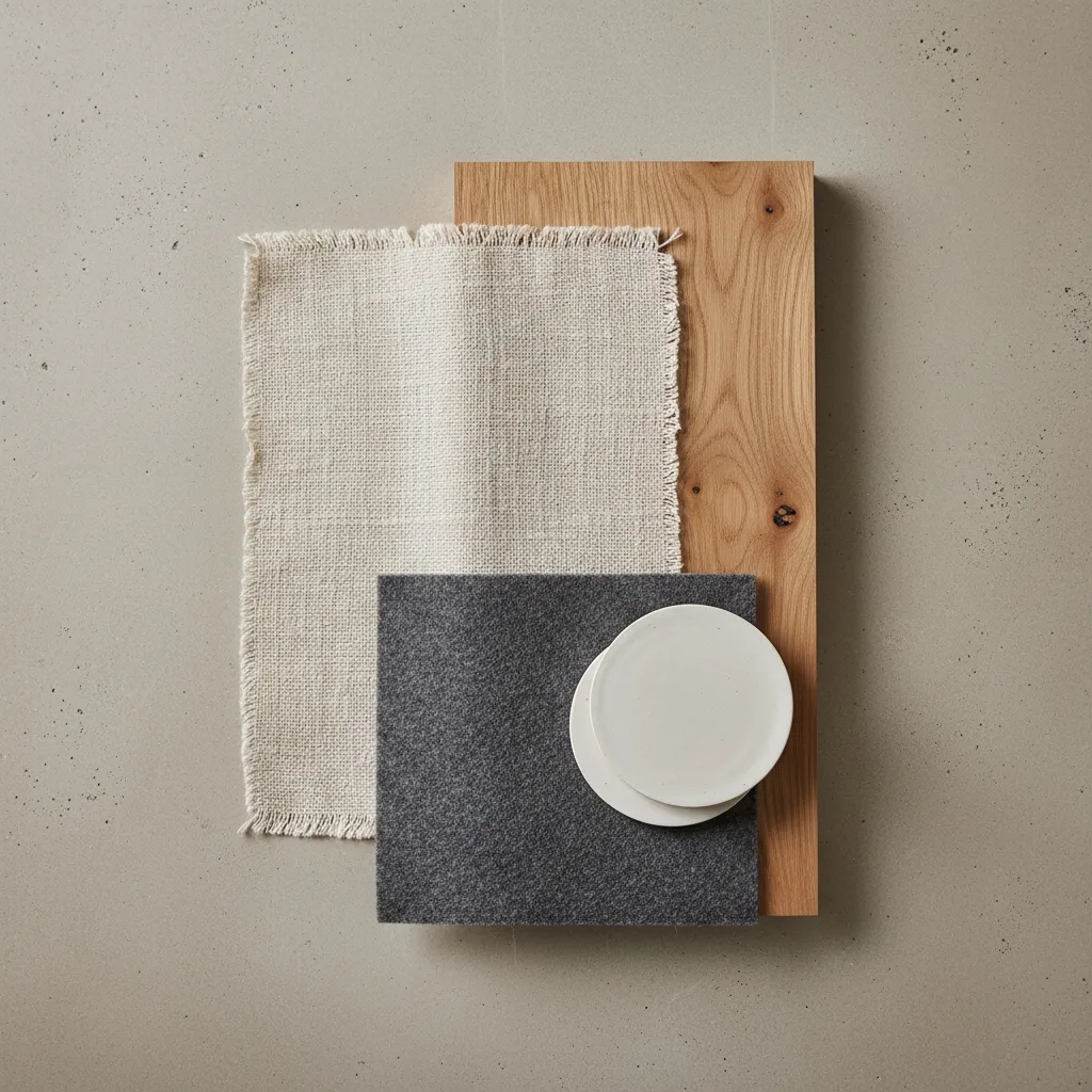 Interior Design Material Board for Acoustics Material sample board showing wood, linen, and wool textures