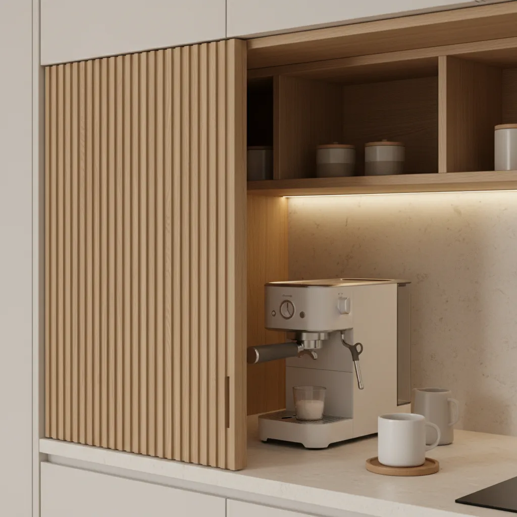 Japandi Tambour Door Coffee Station Light oak tambour doors hiding espresso machine in minimalist kitchen