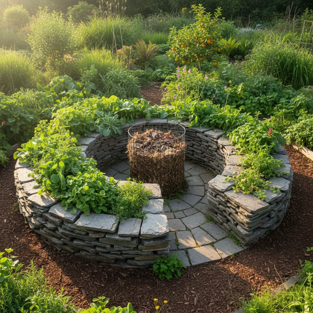 Keyhole Raised Garden Bed Layout Stone Design Circular keyhole raised garden bed made of stacked stone with central compost basket