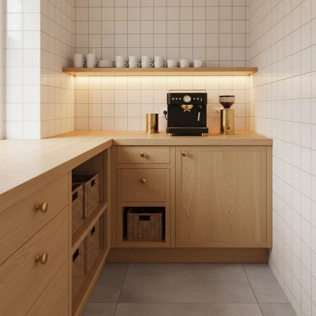 L-Shaped Corner Coffee Nook Corner coffee nook design with white tiles and brass accents
