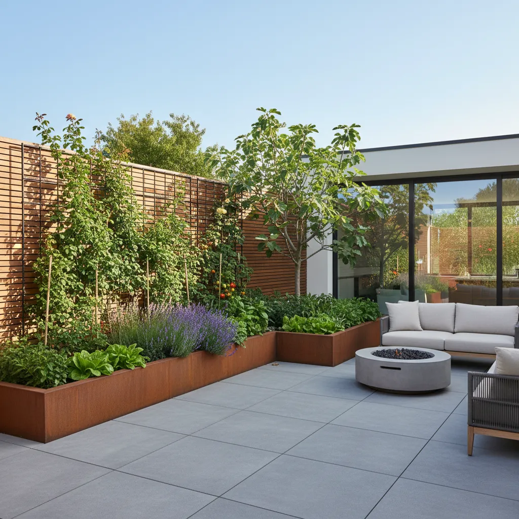L-Shaped Raised Garden Bed Layout Modern Patio Modern L-shaped raised garden bed design wrapping around a patio corner