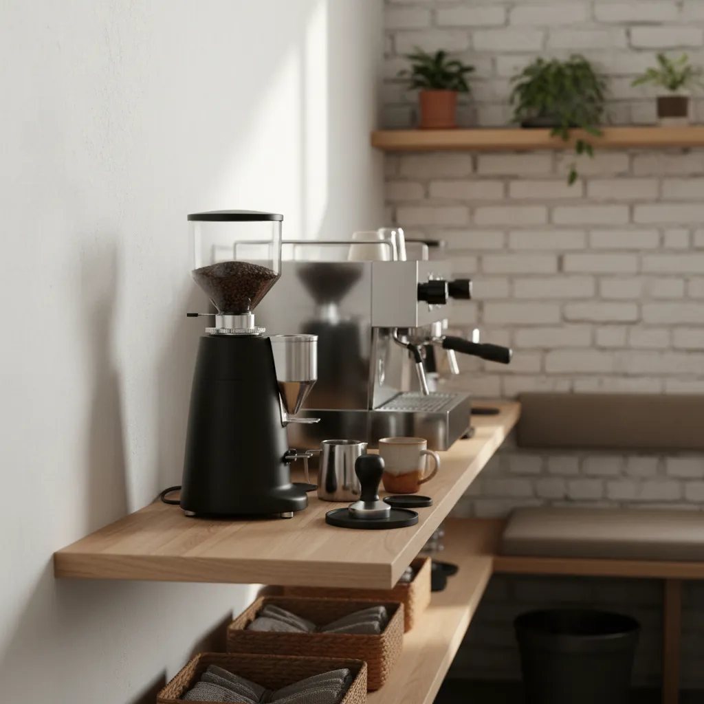 Linear Coffee Station Workflow Linear coffee station arrangement on wooden shelf with espresso machine and grinder