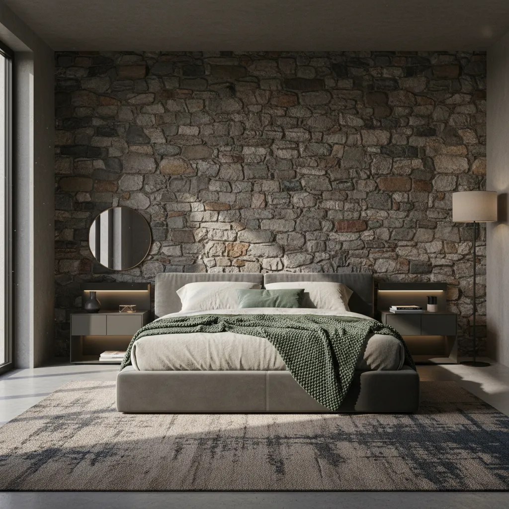Low Profile Modern Bed Mountain Home Sleek charcoal velvet bed frame sitting low against a rustic stone wall background