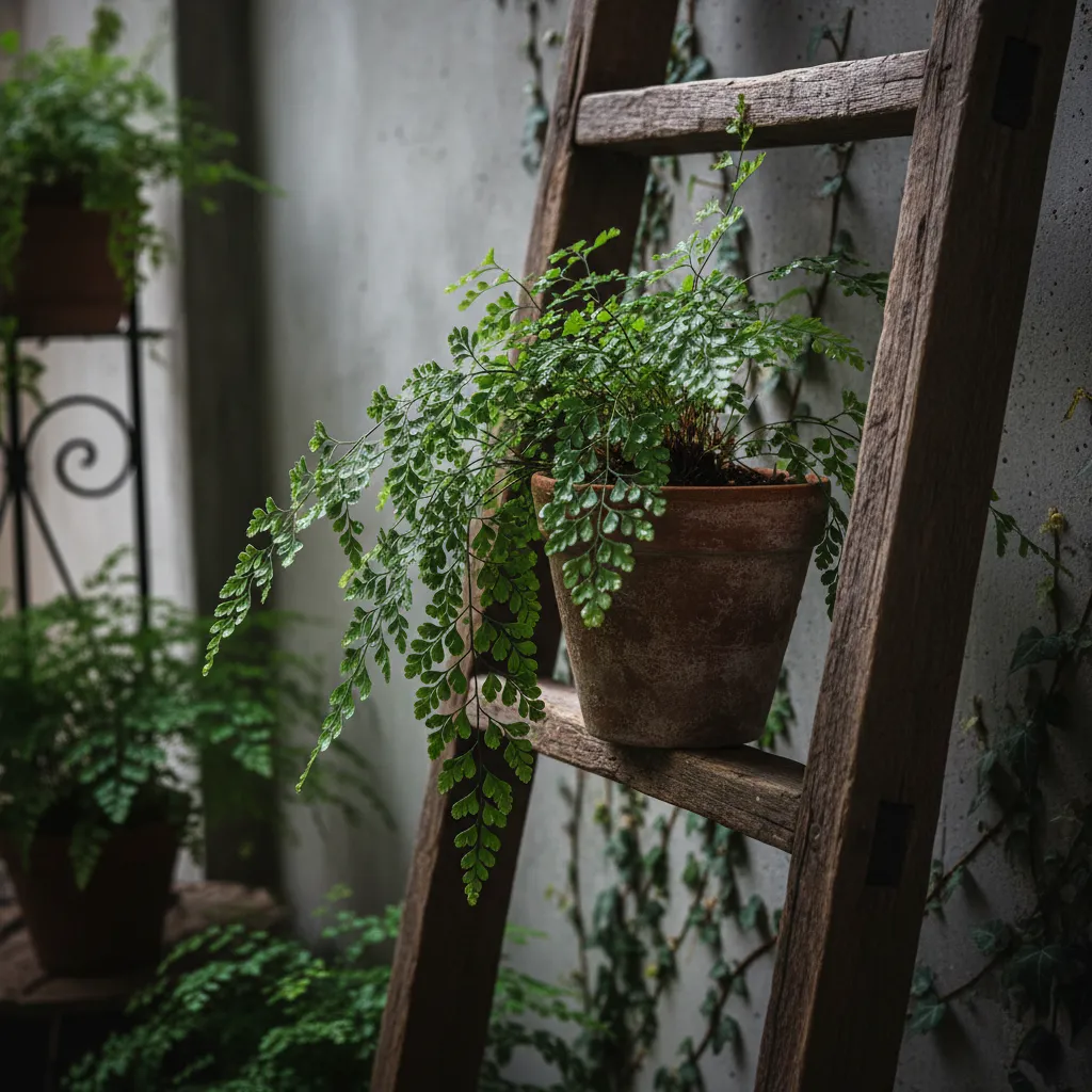 Close up of delicate maidenhair fern leaves spilling over a pot on a wooden shelf