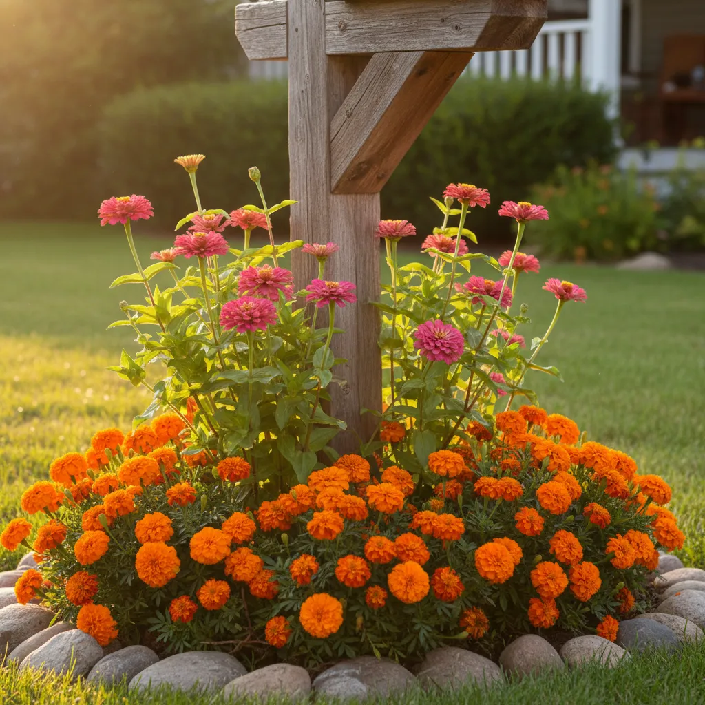 Marigold and Zinnia Mailbox Garden Design Sunny mailbox garden featuring orange marigolds and pink zinnias with cobblestone border