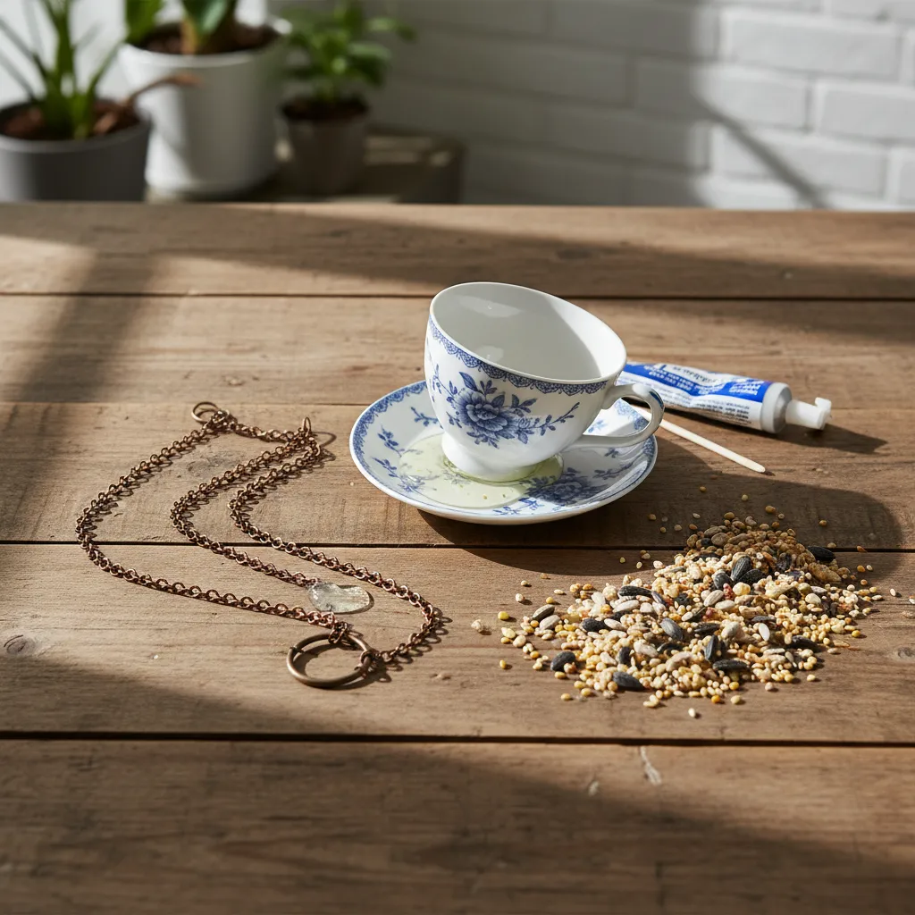 Materials for DIY Teacup Bird Feeder Supplies for making a teacup bird feeder including epoxy and ceramic cup