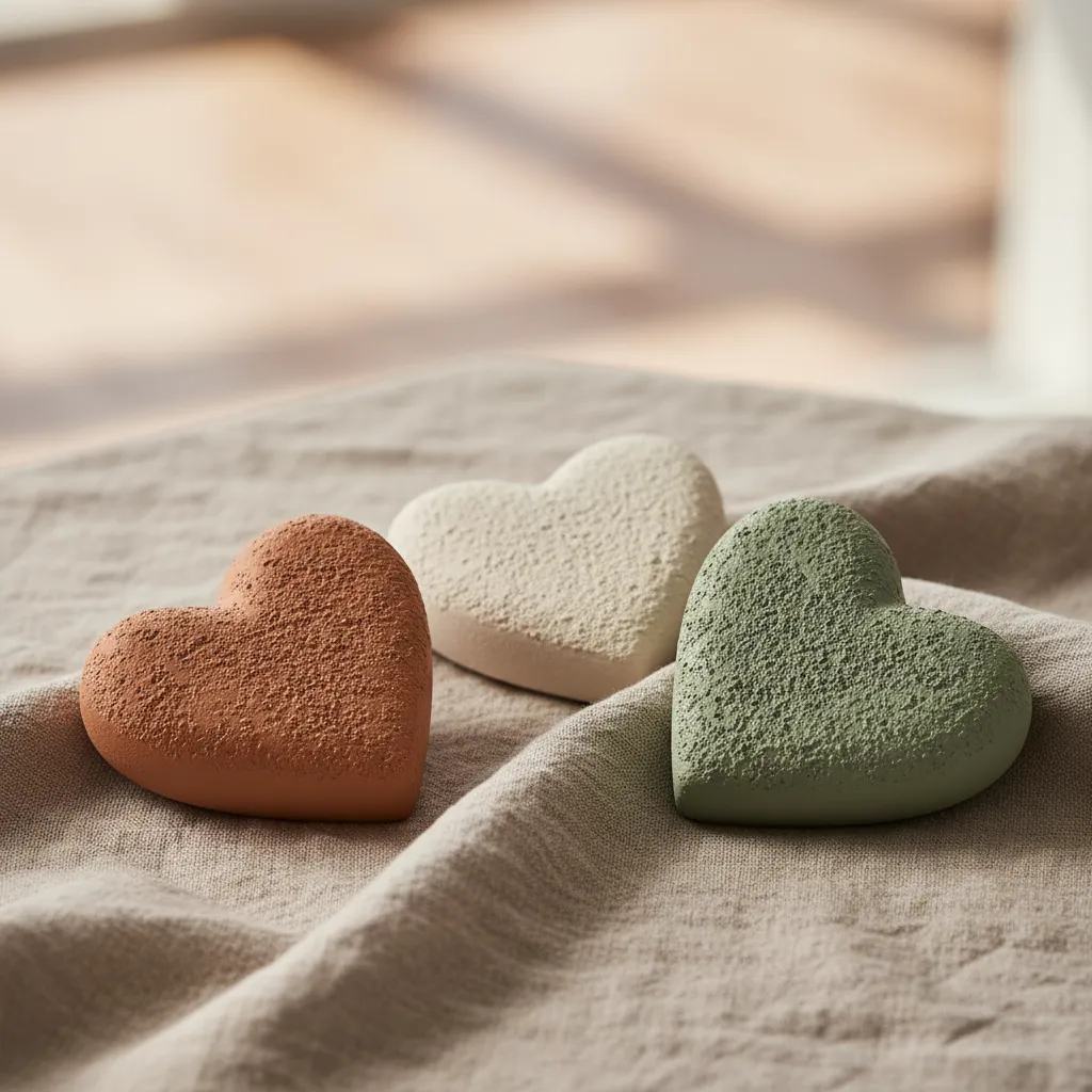 Faux ceramic wooden hearts with textured paint finish on a linen table