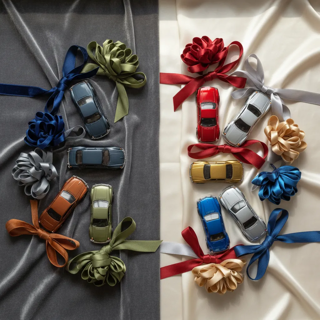 Matte vs Metallic Toy Car Finishes Comparison of matte and metallic Hot Wheels cars on textured ribbons