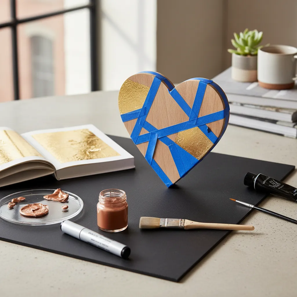 Gold leaf and metallic paint supplies for wooden heart crafts