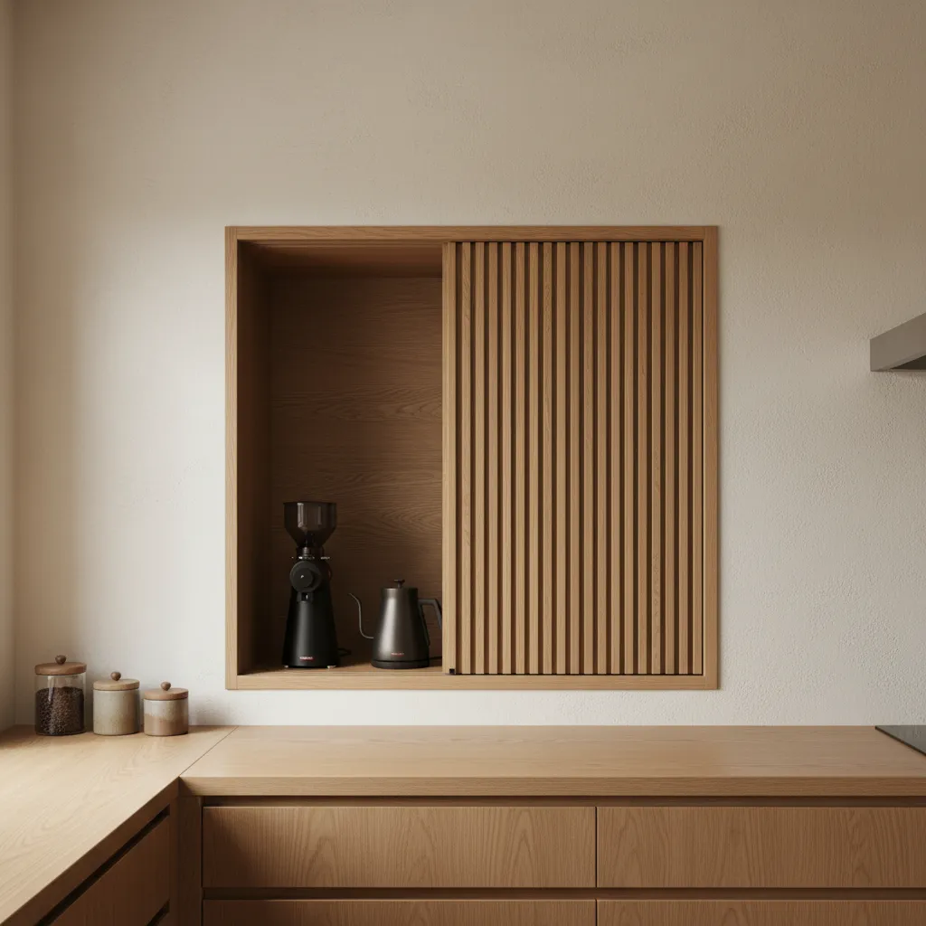 Minimalist Appliance Garage Design Built in appliance garage cabinet for coffee equipment