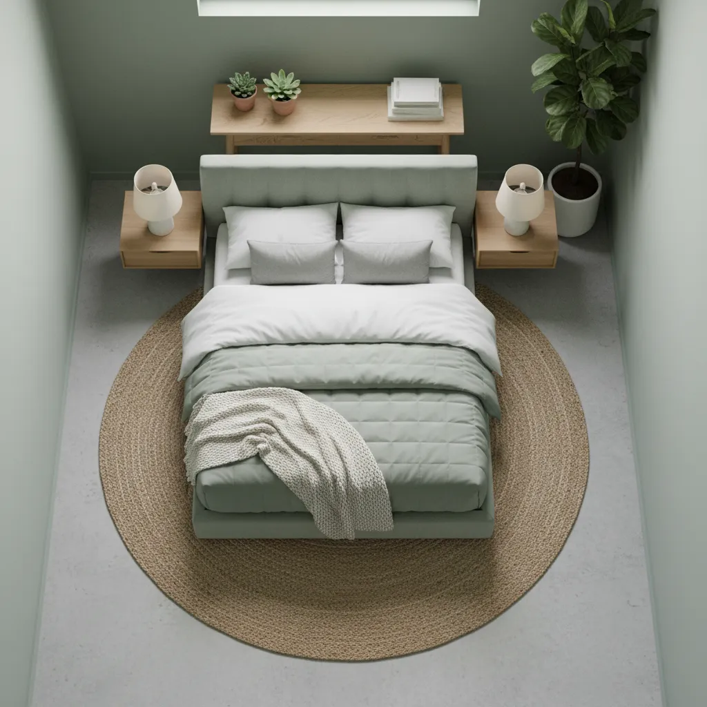 Minimalist Bedroom Furniture Layout Overhead view of furniture arrangement in a small square bedroom