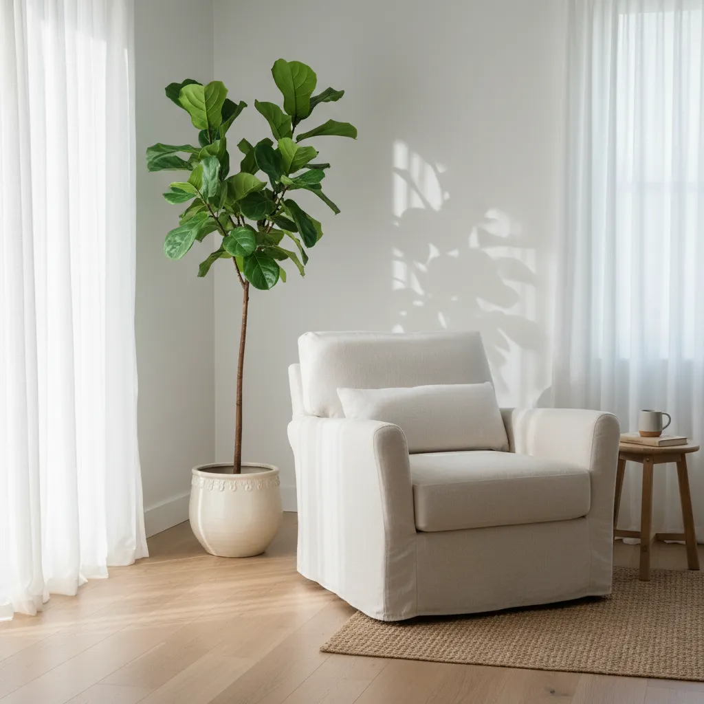 Minimalist Biophilic Living Room Corner Fiddle leaf fig plant in a minimal coffee shop style living room corner
