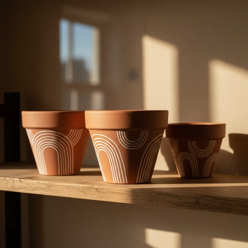Hand painted terracotta pots with abstract white arch designs on a wooden shelf