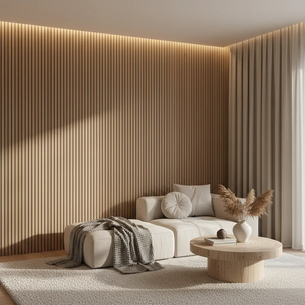 Minimalist Coffee Shop Interior with Acoustic Wood Paneling Cozy minimalist room featuring wood slat walls and soft textures to reduce echo