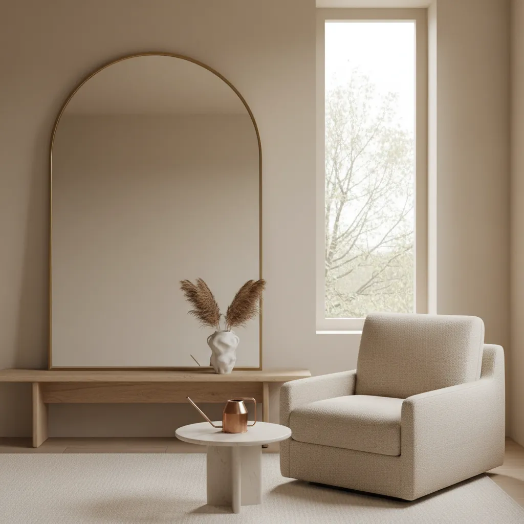 Minimalist Coffee Shop Living Room with Large Mirror Warm oat colored minimalist living room featuring a large floor mirror to expand the space