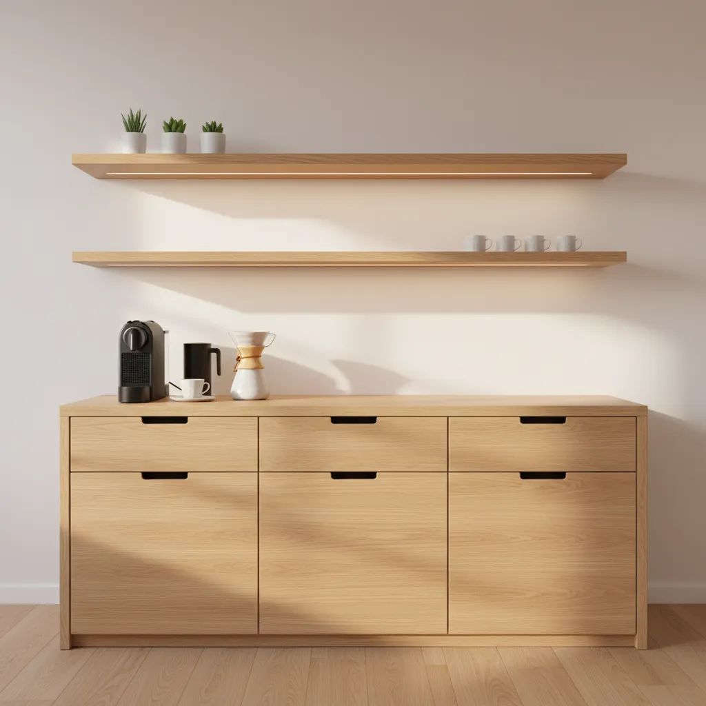Minimalist Linear Coffee Bar Layout Linear coffee bar layout with oak shelves and matte black espresso machine