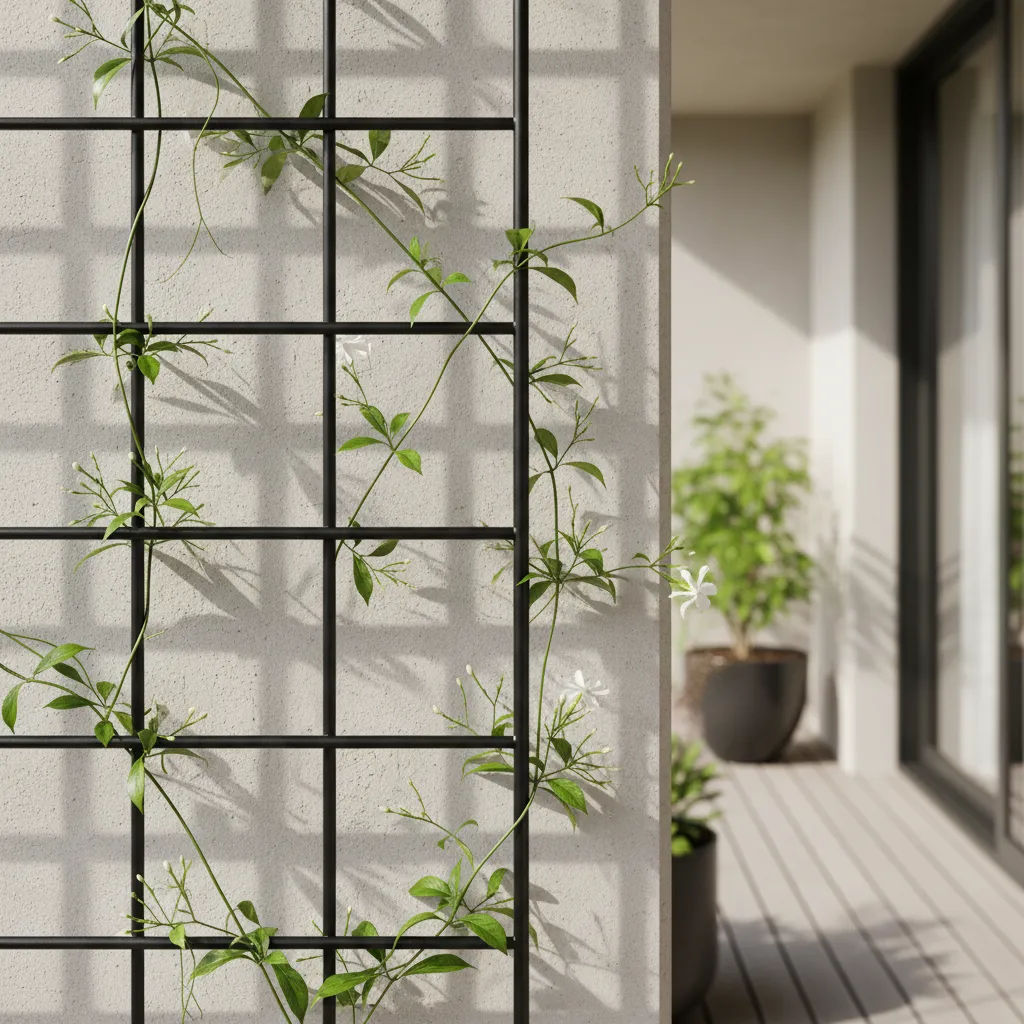 Black metal tension rod trellis for balcony vertical gardening