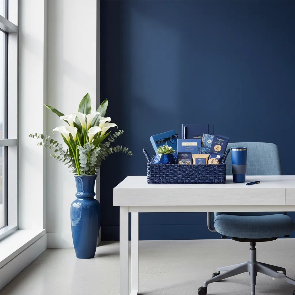 Modern Blue Workspace Layout Minimalist office with navy blue decor and clean lines