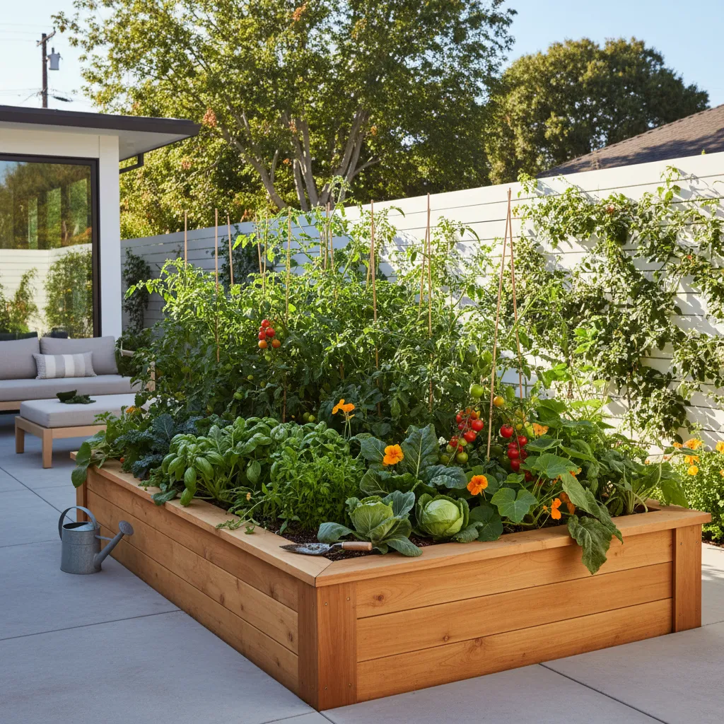 A large cedar raised vegetable garden bed in a luxury backyard setting.