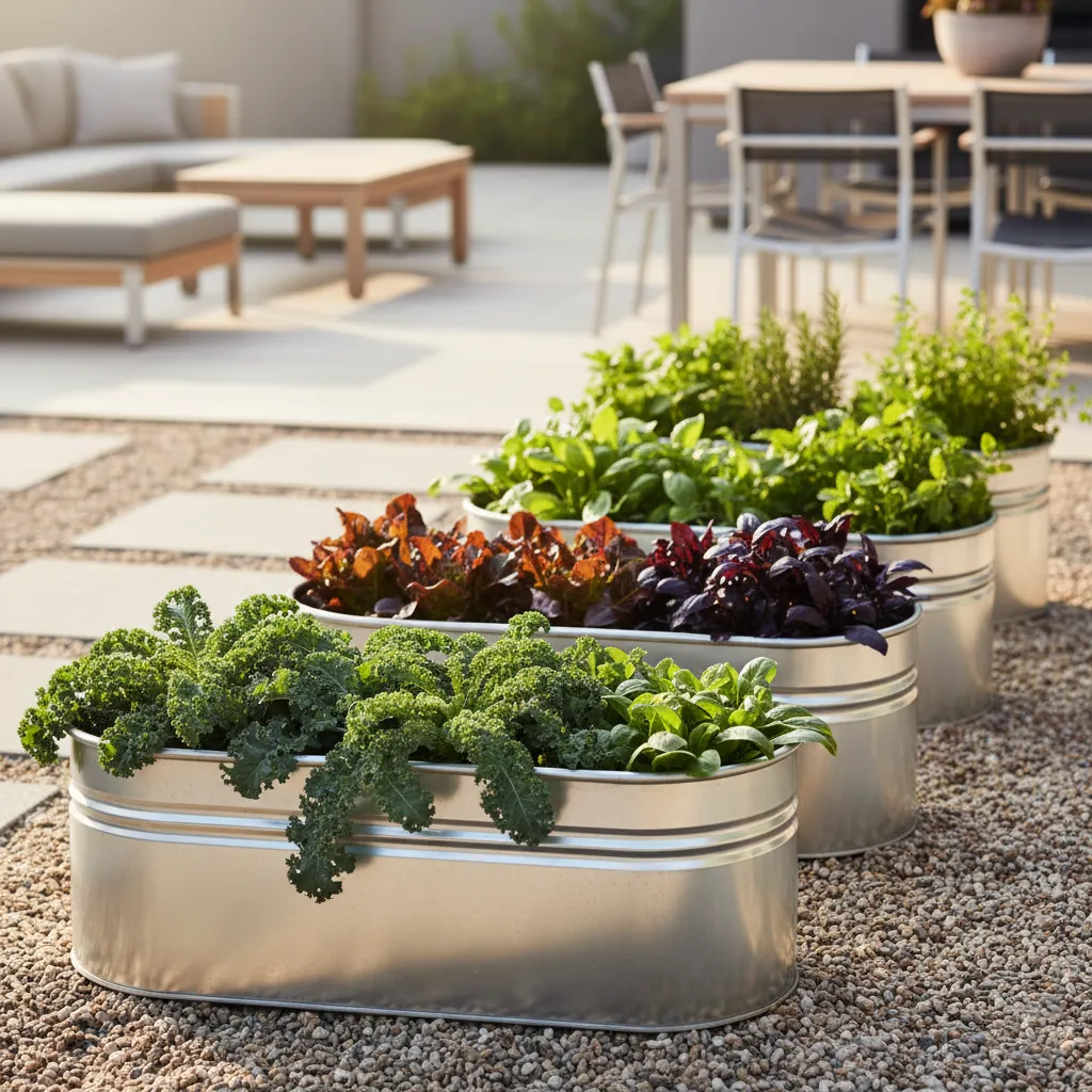 A stylish outdoor vegetable garden using galvanized steel troughs on a gravel patio.