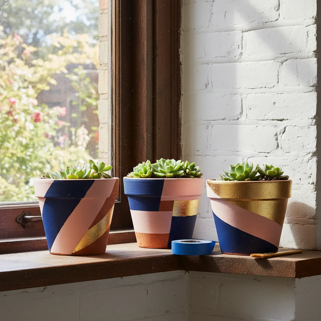 Color blocked painted flower pots in navy and pink on a sunny window ledge