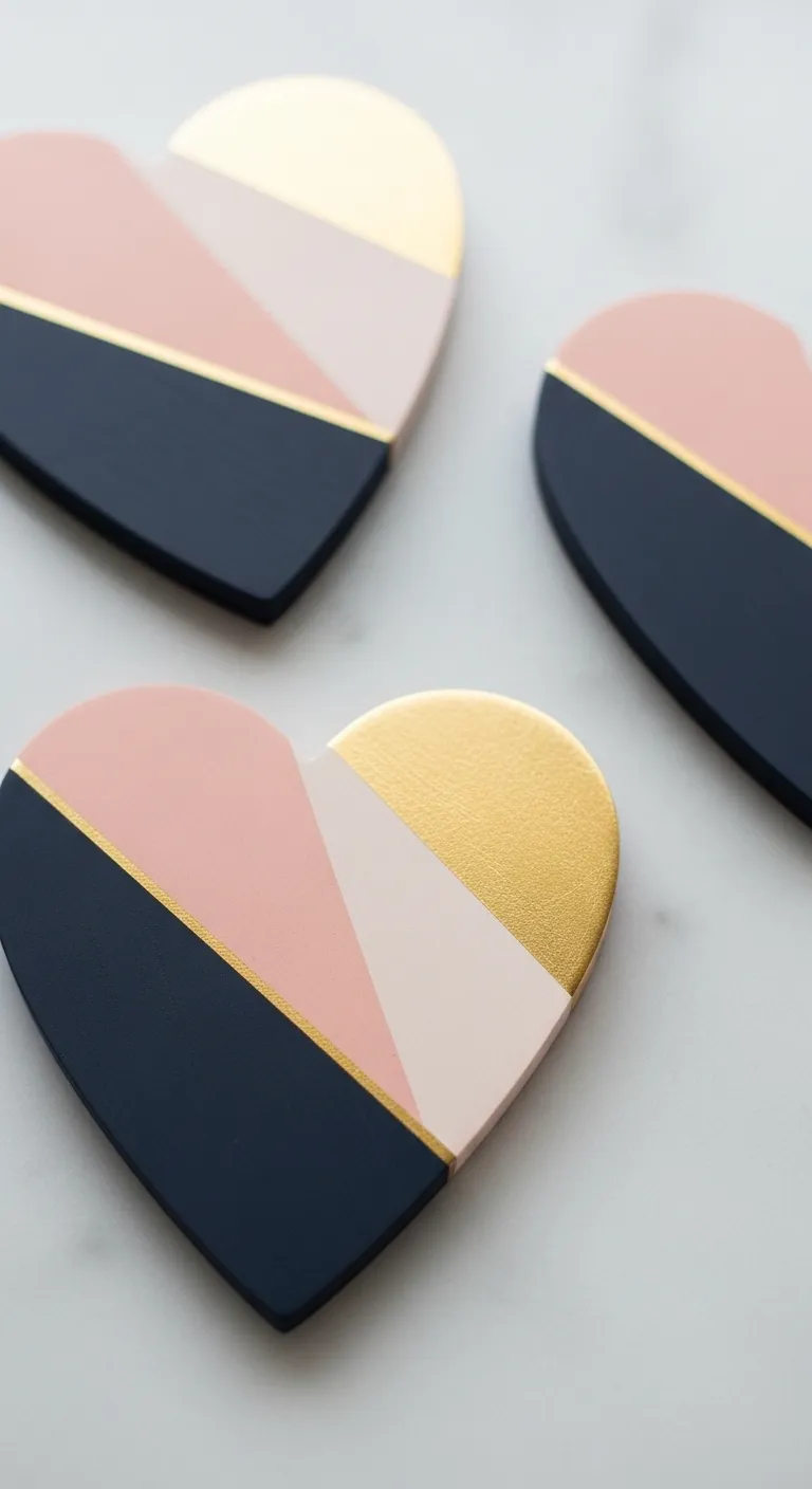 Wooden hearts painted with navy and gold geometric color blocking