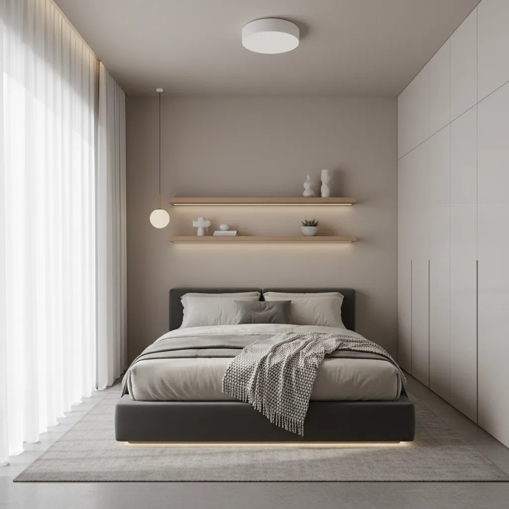 Modern Minimalist Bloxburg Bedroom Layout 4x4 Small modern bedroom design with white bedding and wooden textures in a 4x4 grid layout