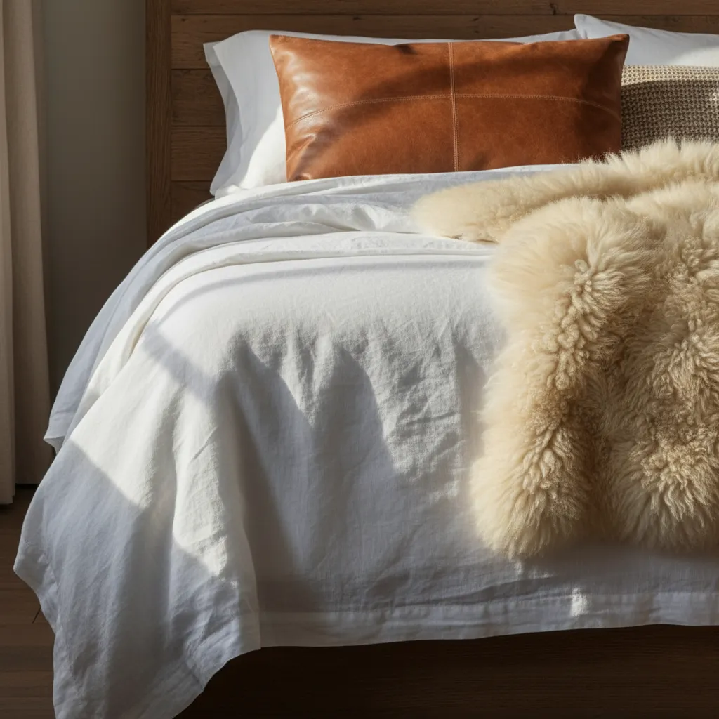 Modern Mountain Bedroom Texture Layering Detail Close up of layered linen sheets leather pillow and sheepskin throw in a mountain bedroom