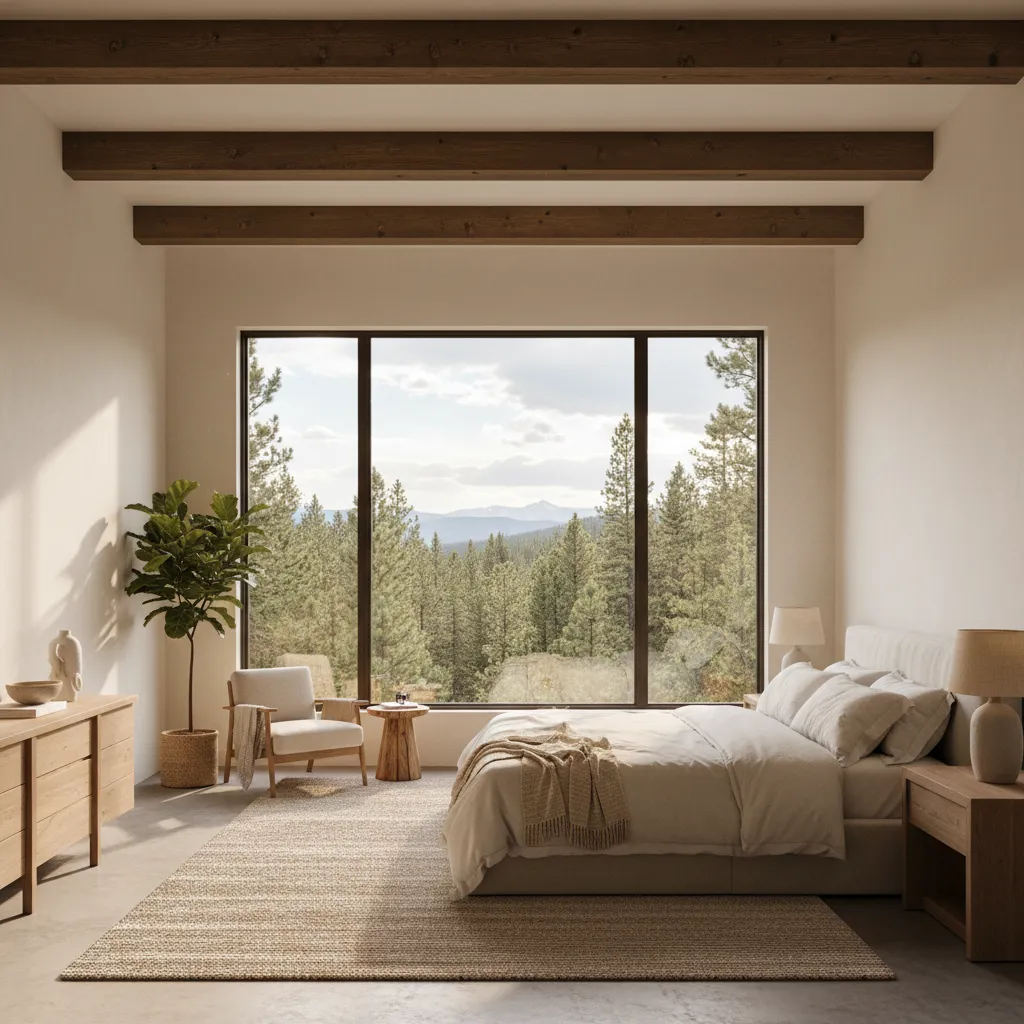 Modern Mountain Bedroom Warm White Paint Colors Modern mountain bedroom with warm white walls and timber beams