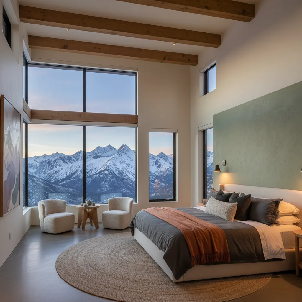 Cozy master bedroom showcasing modern mountain home bedroom interiors with warm white walls, sage green accents, and large windows overlooking peaks.