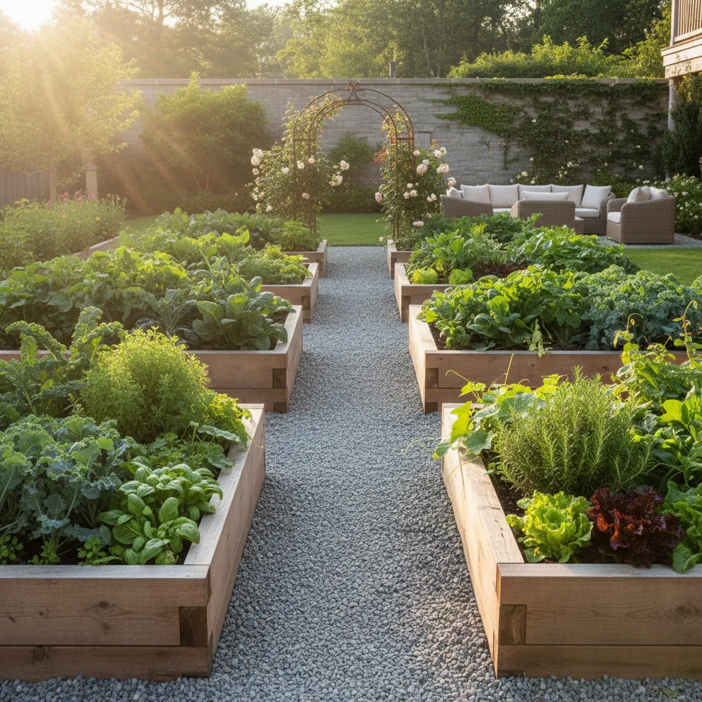 A series of cedar raised garden beds arranged in a parallel layout with pea gravel paths in a sunny backyard.