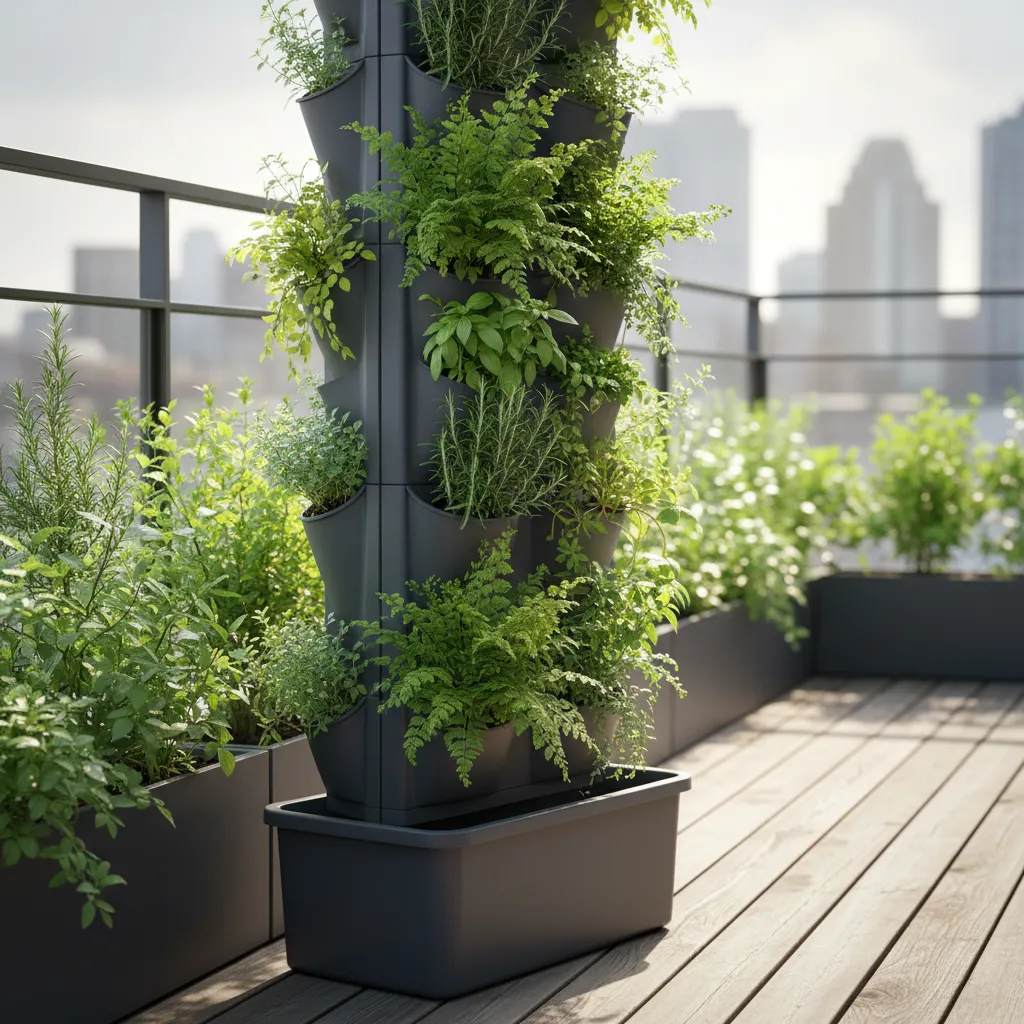 Modern self-watering vertical garden tower with matte charcoal finish on a wooden balcony deck