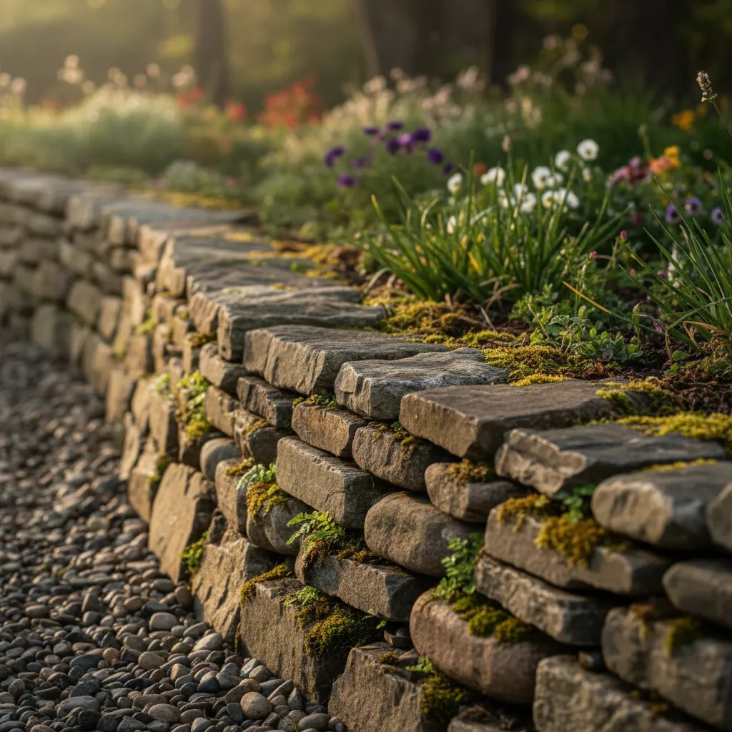 Natural Fieldstone Garden Edging Close up of stacked natural fieldstones with moss accents