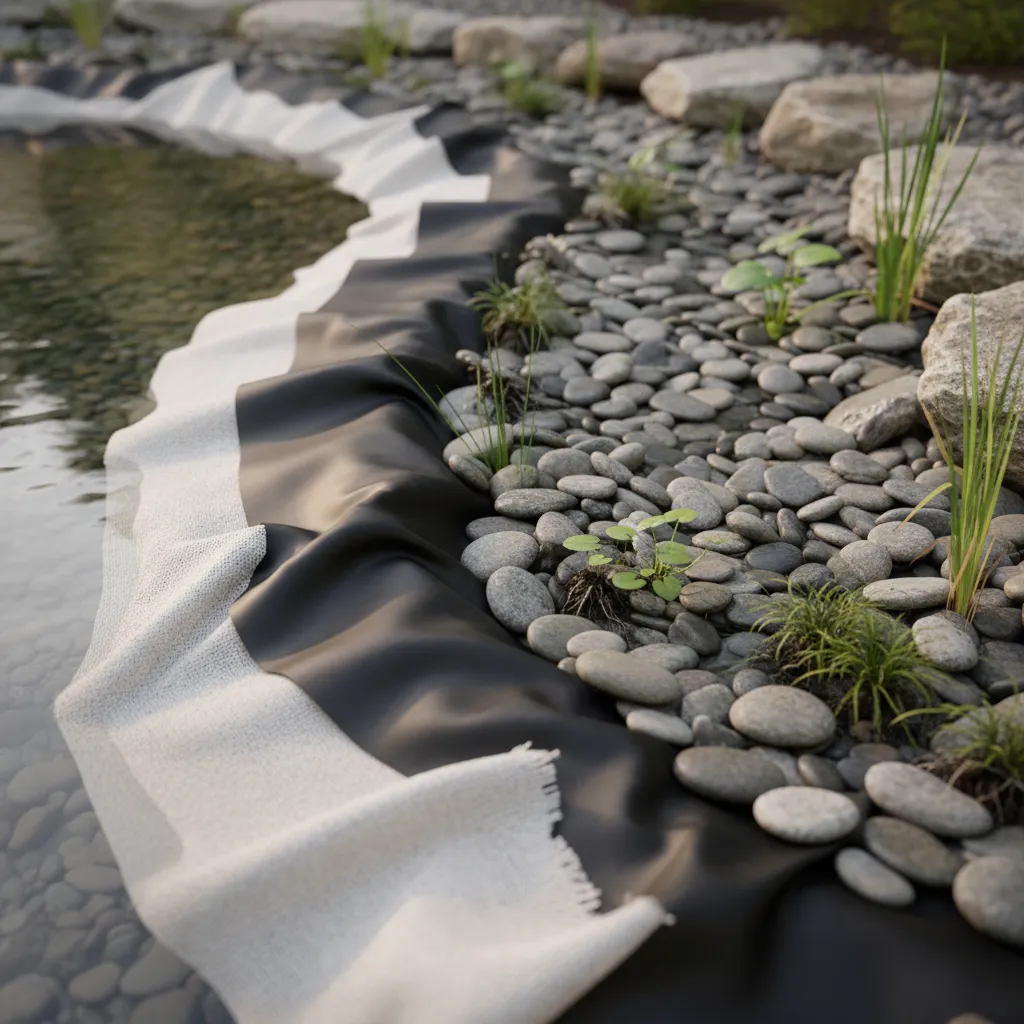 Natural Pool Liner Installation Detail Close up of EPDM liner installation for natural pool with protective underlayment