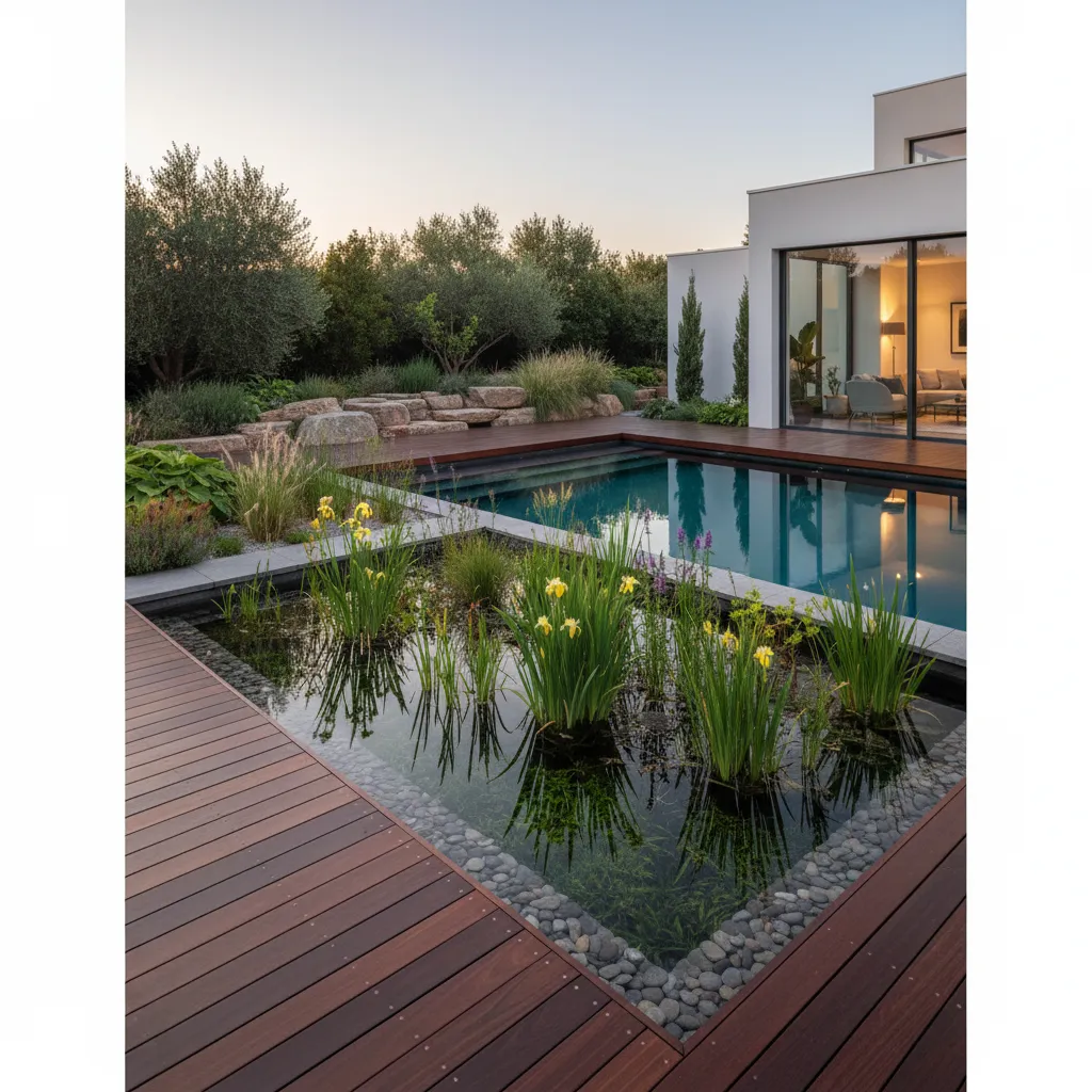 Natural Pool Plant Zones and Layout Modern natural pool showing marginal and deep water plant zones