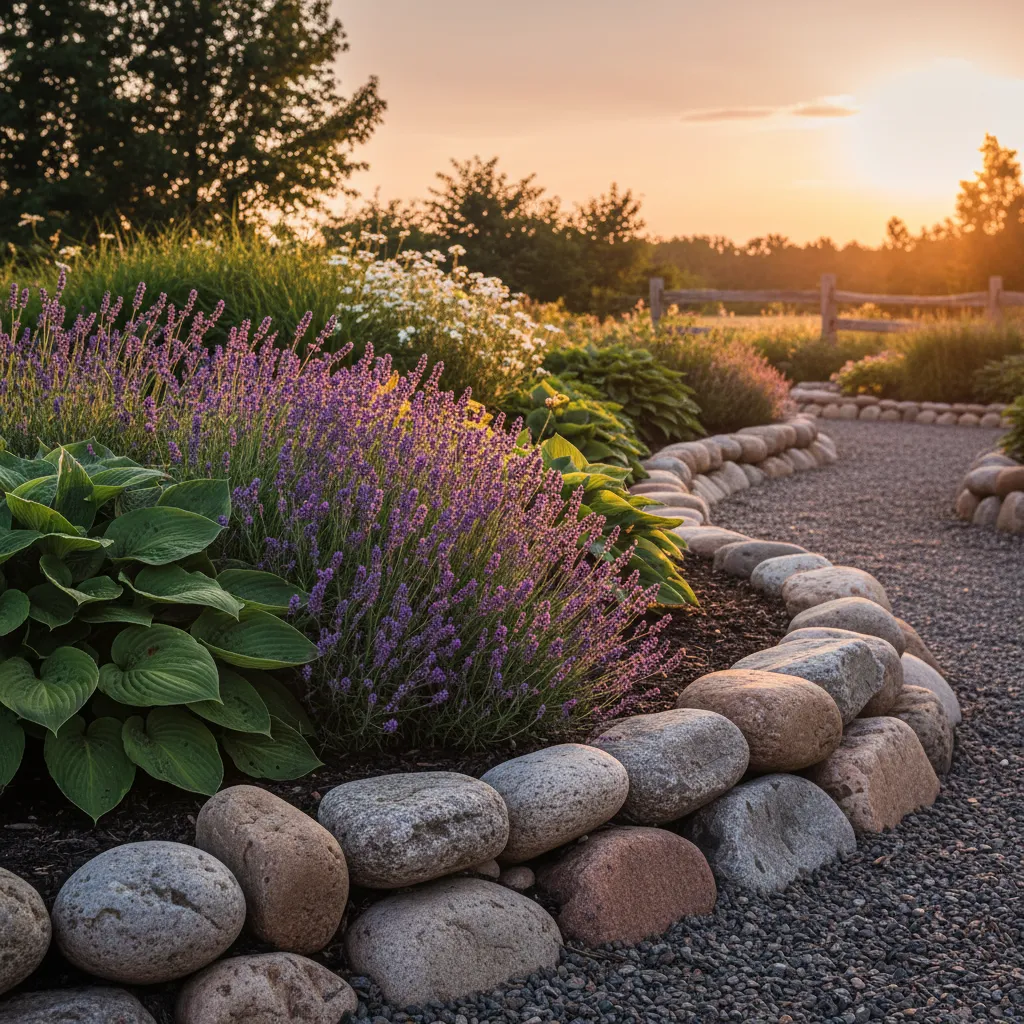 Natural River Rock Garden Border Smooth grey river rocks bordering a lush green garden bed