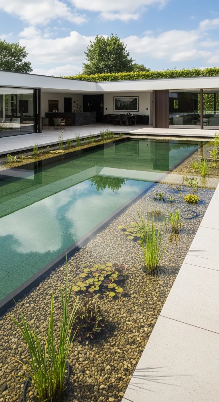 Natural Swimming Pool Regeneration Zone Layout Luxury natural pool showing 50/50 split between swimming area and plant regeneration zone