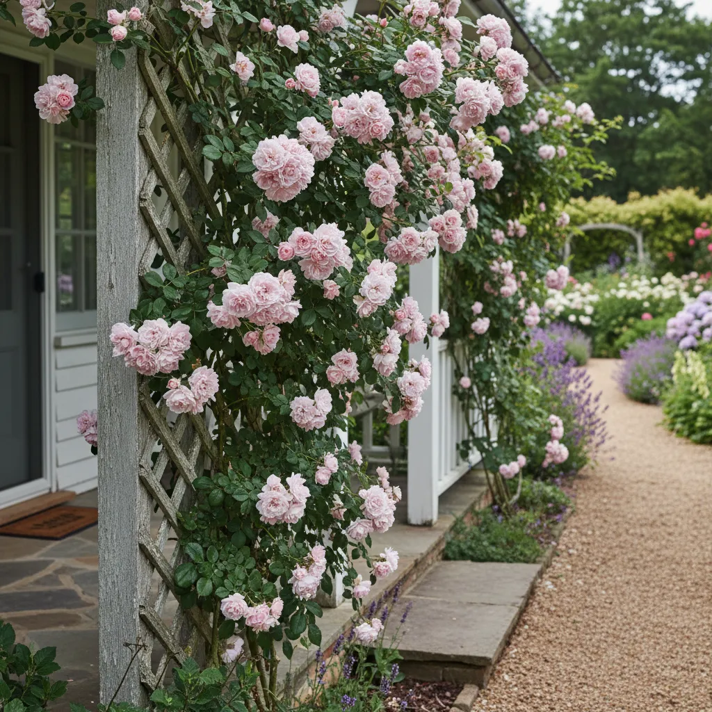 Silvery pink New Dawn roses growing on a rustic wooden trellis