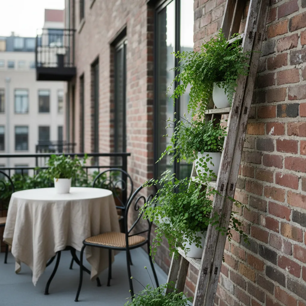 Rustic wooden ladder on a balcony filled with potted lush green ferns