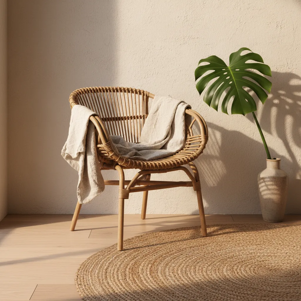 Organic Textures in Minimalist Design Rattan chair and jute rug details in a biophilic minimal interior