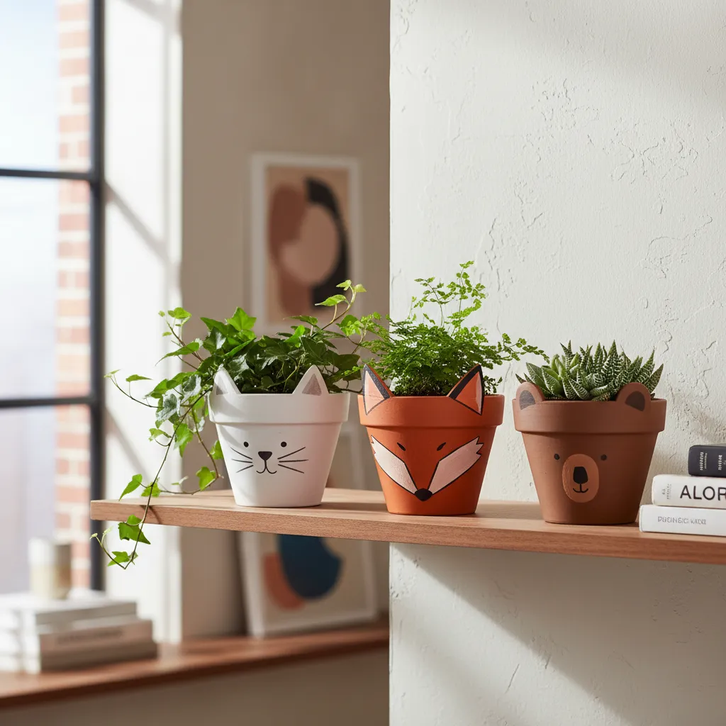 Minimalist hand painted animal flower pots displaying succulents on a white shelf