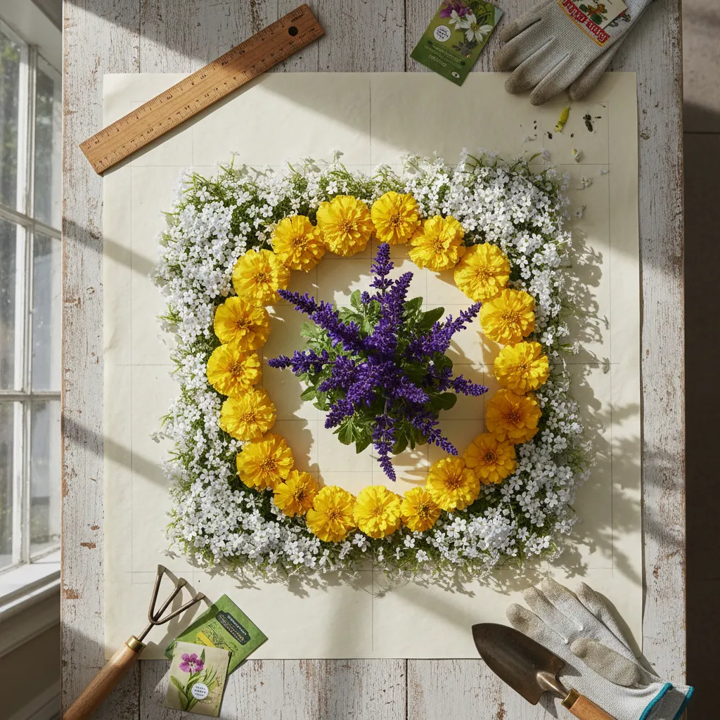 Perennial and Annual Planting Layout Overhead view of flower arrangement in a square garden bed